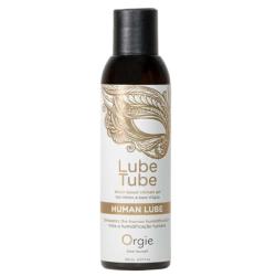 Vista frontal del frasco Orgie Human Lube con tapón negro y etiqueta dorada