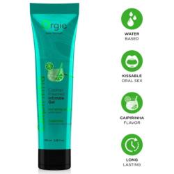 Tubo verde Orgie Cocktail Caipirinha junto a iconos informativos