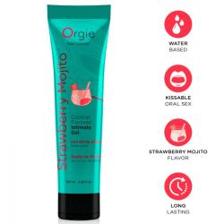 Tubo Orgie Cocktail Mojito de Fresa de 100 ml con ilustración de cóctel e iconos informativos