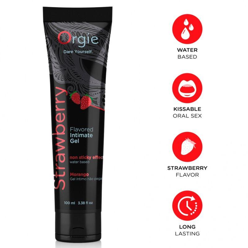 Gel Orgie Lube Tube Strawberry de 100 ml con fresas en el envase e iconos informativos