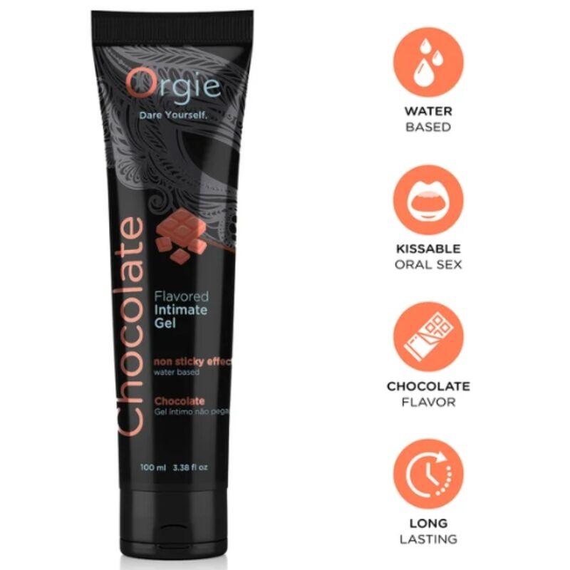 Tubo Orgie Lube Tube Chocolate de 100 ml junto a iconos informativos naranjas