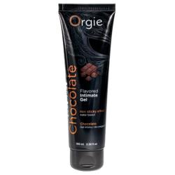 Vista frontal del tubo negro Orgie Lube Tube Chocolate de 100 ml con dibujo de chocolate