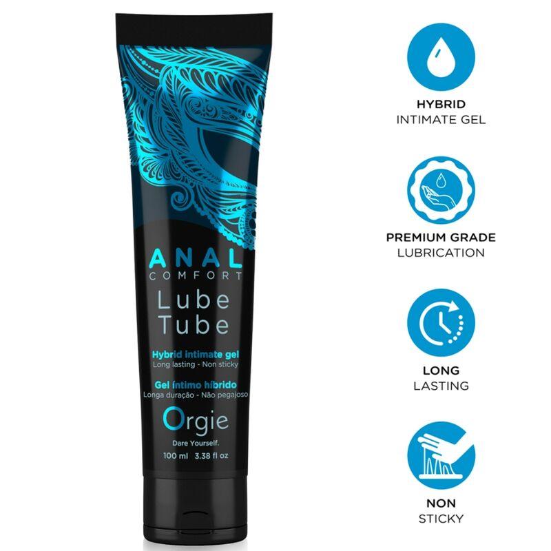 Tubo Orgie Anal Comfort de 100 ml con diseño azul e iconos de gel híbrido