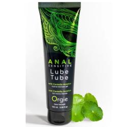 Gel Orgie Anal Sensitive de 100 ml con centella asiática en la etiqueta, junto a hojas verdes