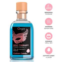 Frasco azul de aceite Orgie Sexy Therapy Cotton Candy de 100 ml con iconos rosas