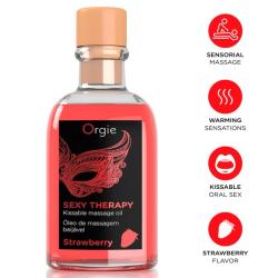 Aceite Orgie Sexy Therapy Strawberry de 100 ml en frasco rojo junto a iconos informativos
