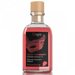 Vista frontal del frasco de aceite Orgie Sexy Therapy Strawberry de 100 ml con tapa beige