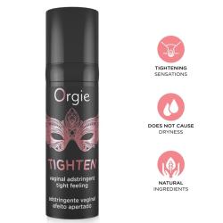Envase negro de Orgie Tighten de 15 ml con tapón e iconos rosas