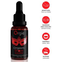 Orgie Orgasm Drops Kissable de 30 ml con cuentagotas e iconos rojos