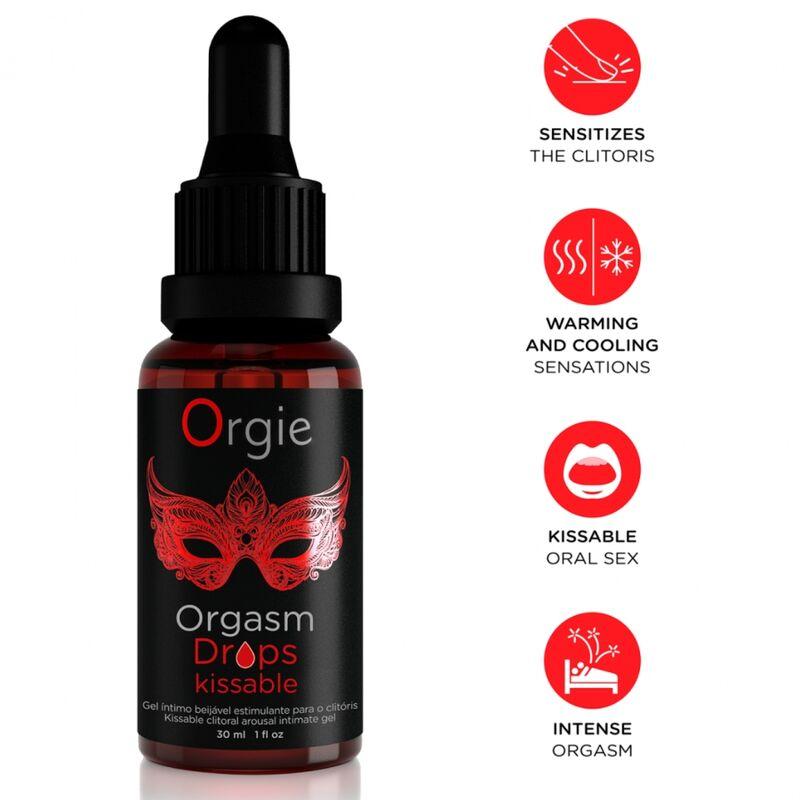 Orgie Orgasm Drops Kissable de 30 ml con cuentagotas e iconos rojos