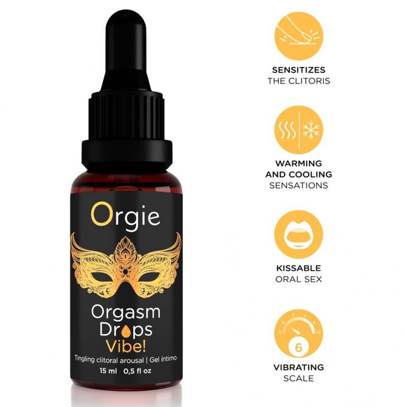 Orgie Orgasm Drops Vibe de 15 ml con cuentagotas e iconos amarillos