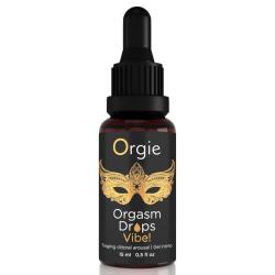 Frasco Orgie Orgasm Drops Vibe de 15 ml con etiqueta negra y dorada