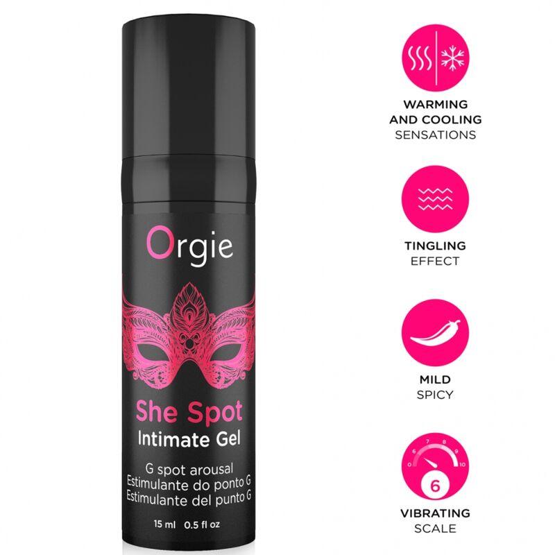 Envase Orgie She Spot de 15 ml con tapón e iconos rosas