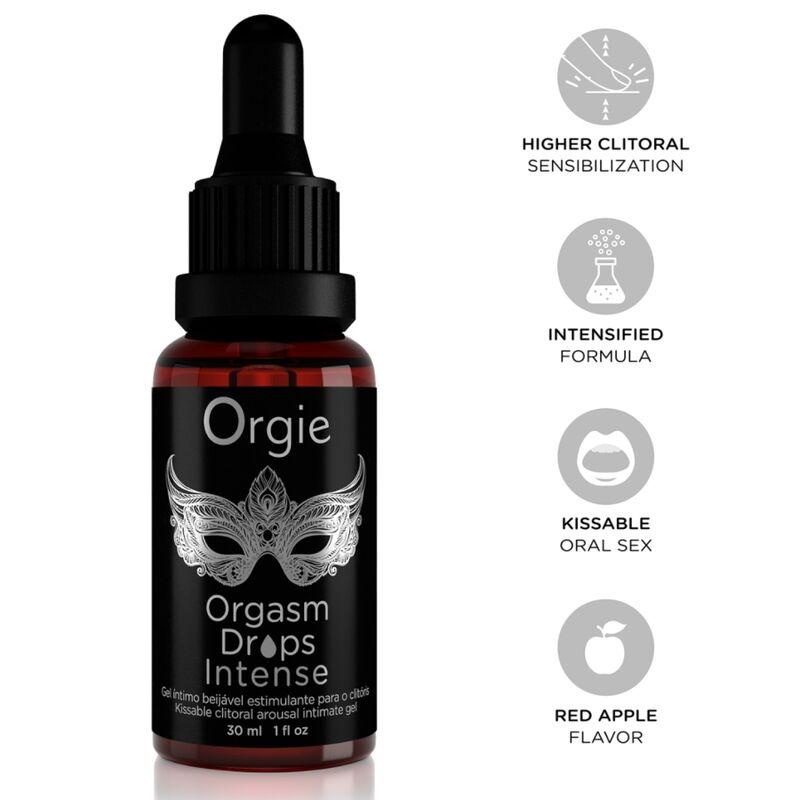 Orgie Orgasm Drops Intense de 30 ml con cuentagotas e iconos grises