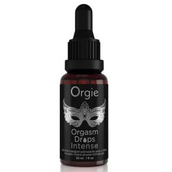 Frasco Orgie Orgasm Drops Intense de 30 ml con etiqueta negra y plateada