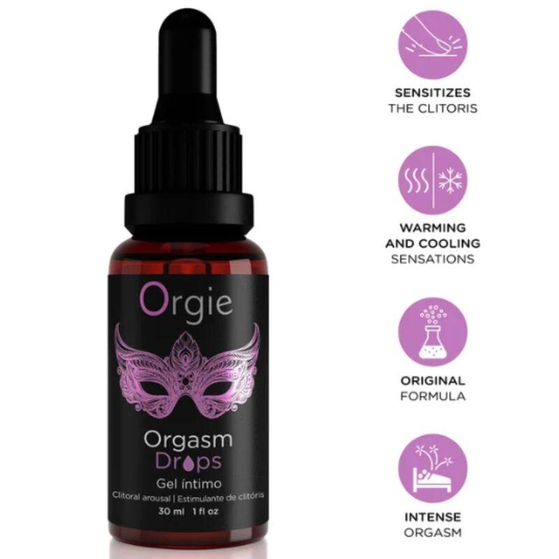 Orgie Orgasm Drops original de 30 ml con cuentagotas e iconos violetas