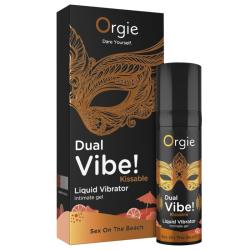 Envase y caja de Orgie Dual Vibe Sex on the Beach con dibujos de cóctel