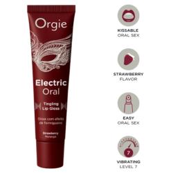 Tubo rojo de Orgie Electric Oral de fresa junto a iconos del producto