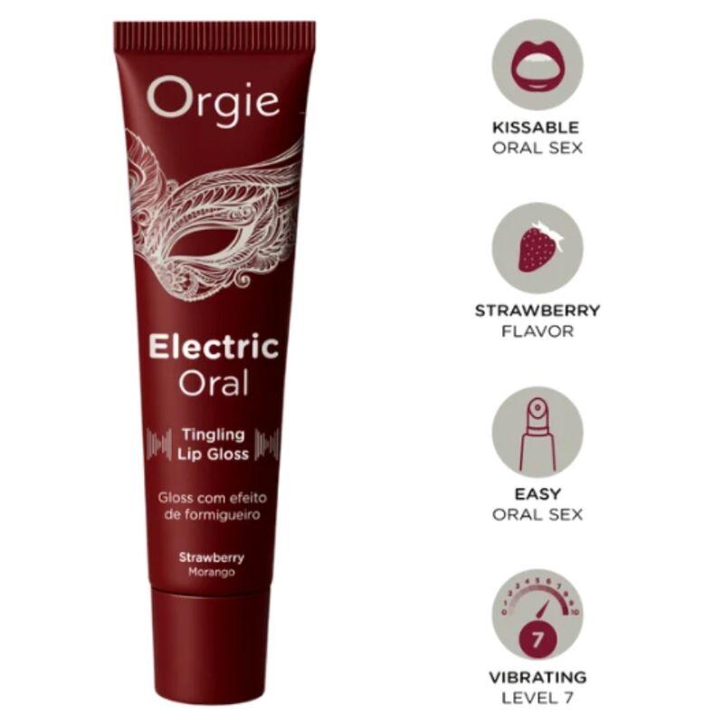 Tubo rojo de Orgie Electric Oral de fresa junto a iconos del producto