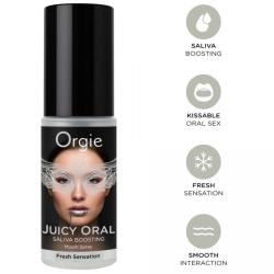Frasco Orgie Juicy Oral con tapón negro, rostro en la etiqueta e iconos grises