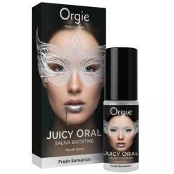 Frasco y caja de Orgie Juicy Oral con un rostro y antifaz plateado en el diseño