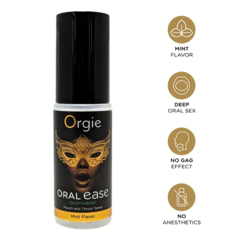 Frasco de Orgie Oral Ease con tapón negro e iconos dorados