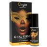 Frasco y caja de Orgie Oral Ease con antifaz dorado y sabor menta
