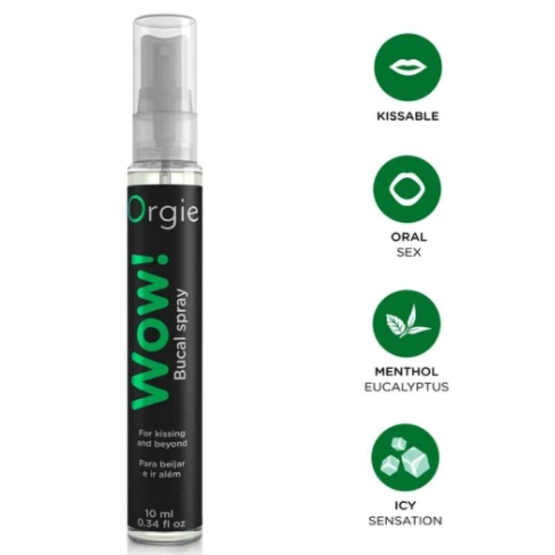 Spray Orgie WOW de 10 ml con capuchón transparente e iconos verdes