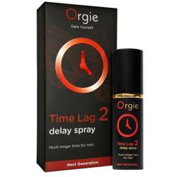 Frasco y caja de Orgie Time Lag 2 con diseño negro y rojo