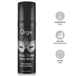 Envase Orgie Xtra Time sérum de 15 ml con antifaz plateado e iconos grises