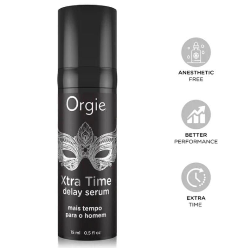 Envase Orgie Xtra Time sérum de 15 ml con antifaz plateado e iconos grises
