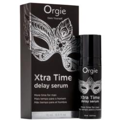 Envase y caja de Orgie Xtra Time sérum con diseño negro y plateado