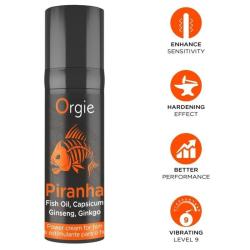 Envase Orgie Piranha con pez naranja dibujado e iconos naranjas