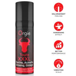 Envase Orgie Touro XXXL con cabeza de toro roja e iconos rojos