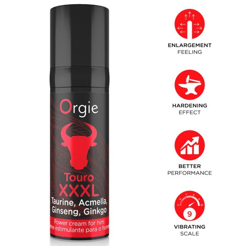 Envase Orgie Touro XXXL con cabeza de toro roja e iconos rojos