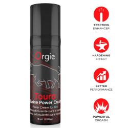 Envase Orgie Touro de 15 ml con silueta de toro e iconos rojos