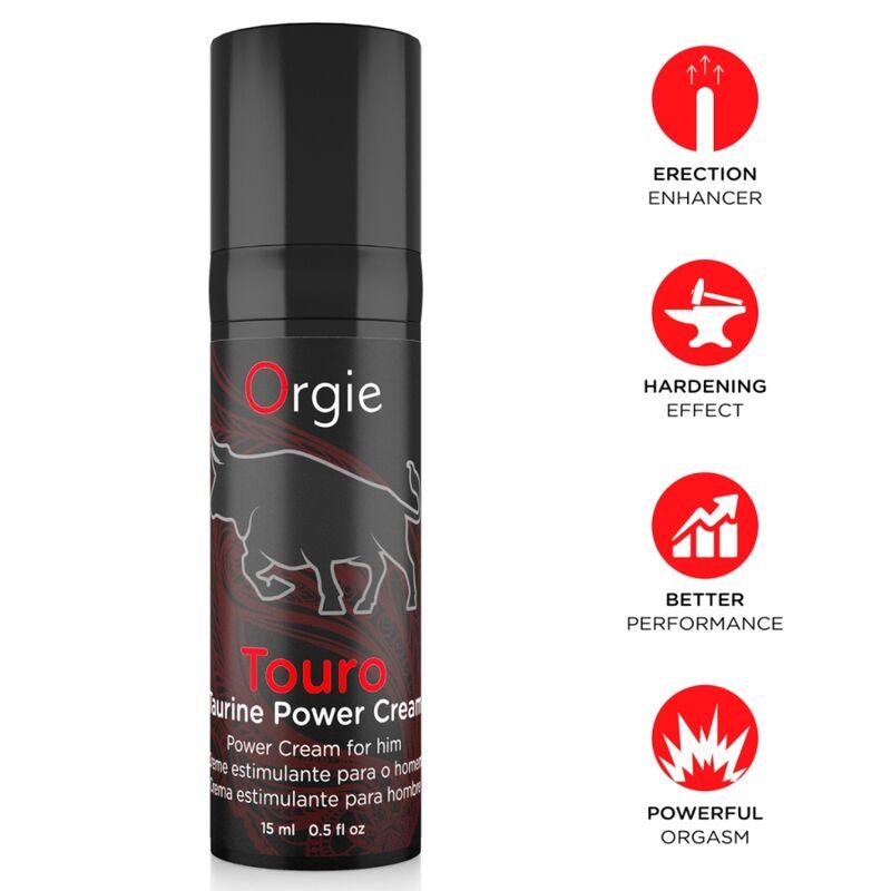 Envase Orgie Touro de 15 ml con silueta de toro e iconos rojos