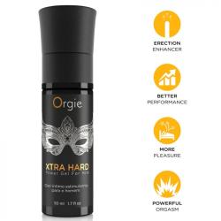 Envase Orgie Xtra Hard de 50 ml con antifaz plateado e iconos amarillos