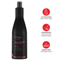 Spray Orgie The Secret Elixir 10 en 1 con etiqueta negra y roja e iconos rojos