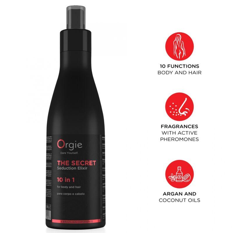 Spray Orgie The Secret Elixir 10 en 1 con etiqueta negra y roja e iconos rojos