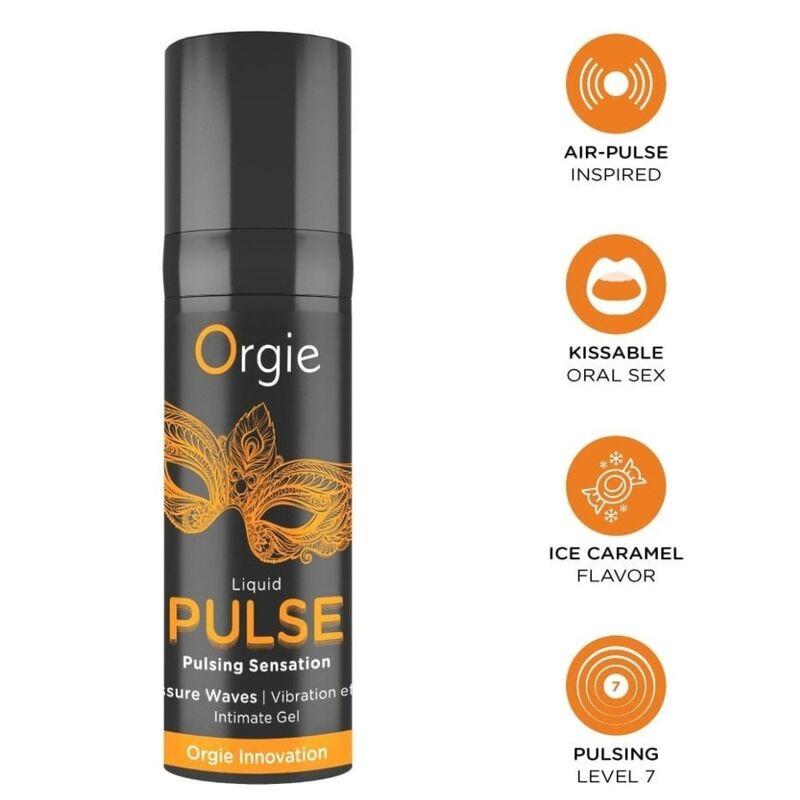 Envase Orgie Liquid Pulse con antifaz naranja dibujado e iconos de Ice Caramel