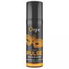 Vista frontal del frasco negro Orgie Liquid Pulse con antifaz naranja
