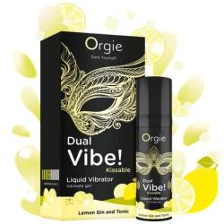 Orgie Dual Vibe Lemon Gin and Tonic, caja y frasco rodeados de limones ilustrados