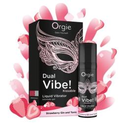 Caja y frasco Orgie Dual Vibe Strawberry Gin and Tonic rodeados de fresas ilustradas