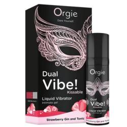 Presentación de Orgie Dual Vibe Strawberry Gin and Tonic en caja y frasco negros y rosas