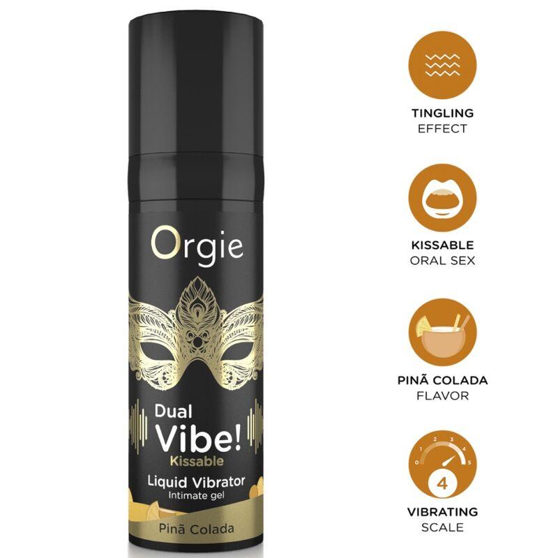 Gel Orgie Dual Vibe Piña Colada con iconos dorados y escala de intensidad 4
