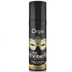 Vista frontal del frasco Orgie Dual Vibe Piña Colada con antifaz dorado