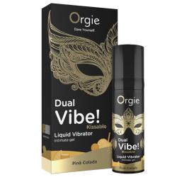 Caja y frasco del gel Orgie Dual Vibe Piña Colada sobre fondo blanco
