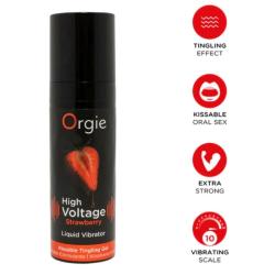 Orgie High Voltage Strawberry con una fresa en el envase e iconos rojos de intensidad 10