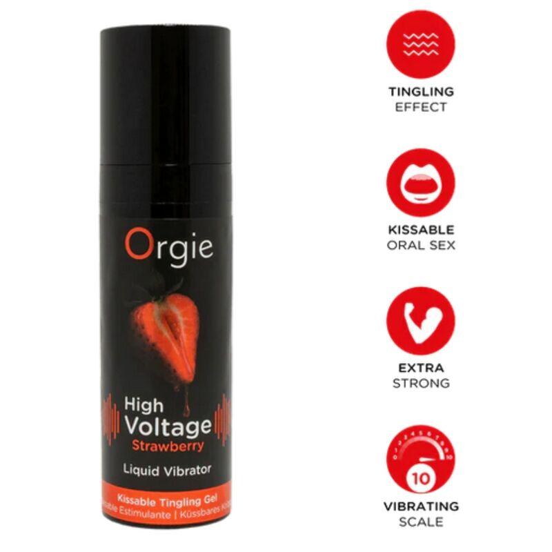 Orgie High Voltage Strawberry con una fresa en el envase e iconos rojos de intensidad 10